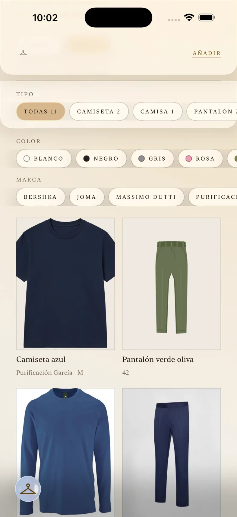 El armario en rejilla: arriba los filtros por tipo, color y marca, con «Todas» elegido, y debajo las prendas de dos en dos, cada una con su nombre, su marca y su talla.