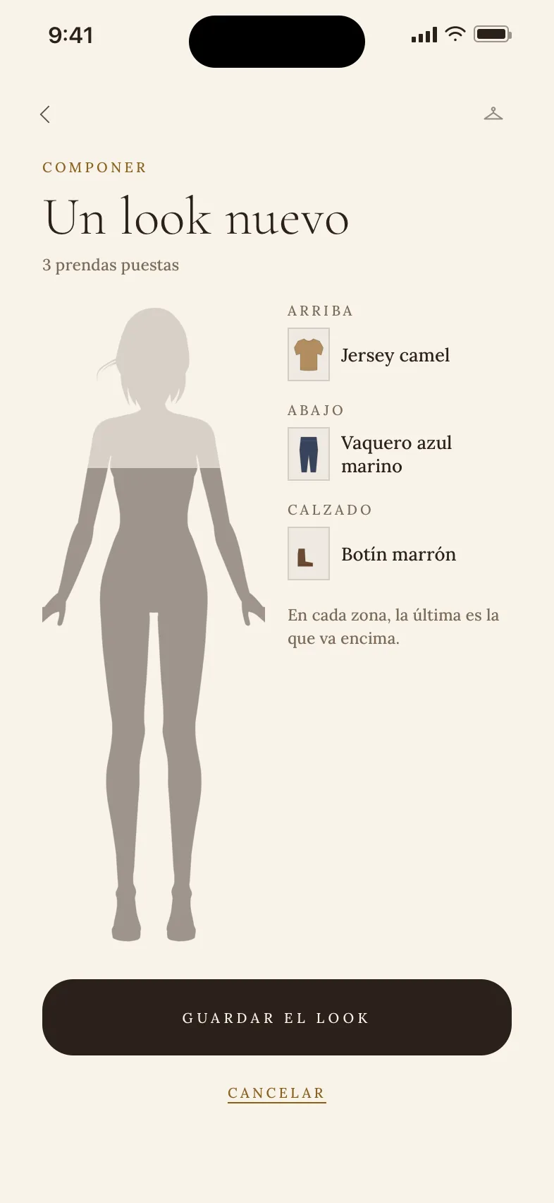 El compositor de un look: el maniquí con el torso, las piernas y los pies encendidos, y a la derecha las tres prendas puestas, agrupadas por zona.