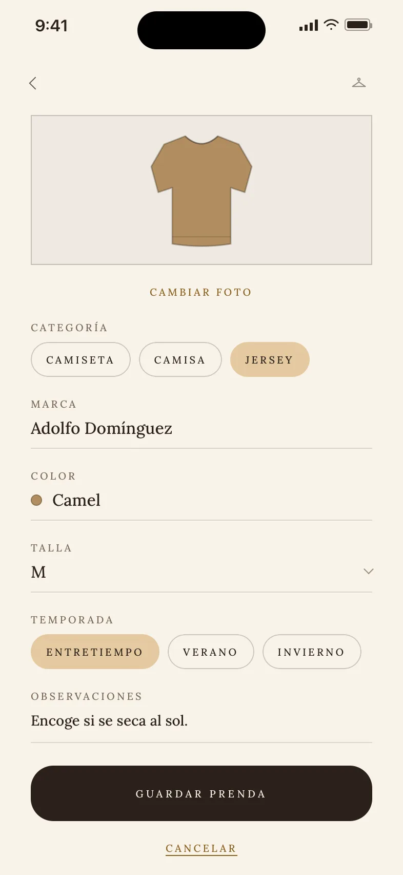 El formulario de una prenda: la foto ya recortada sobre el lienzo y, debajo, los seis campos de la ficha: categoría, marca, color, talla, temporada y observaciones.